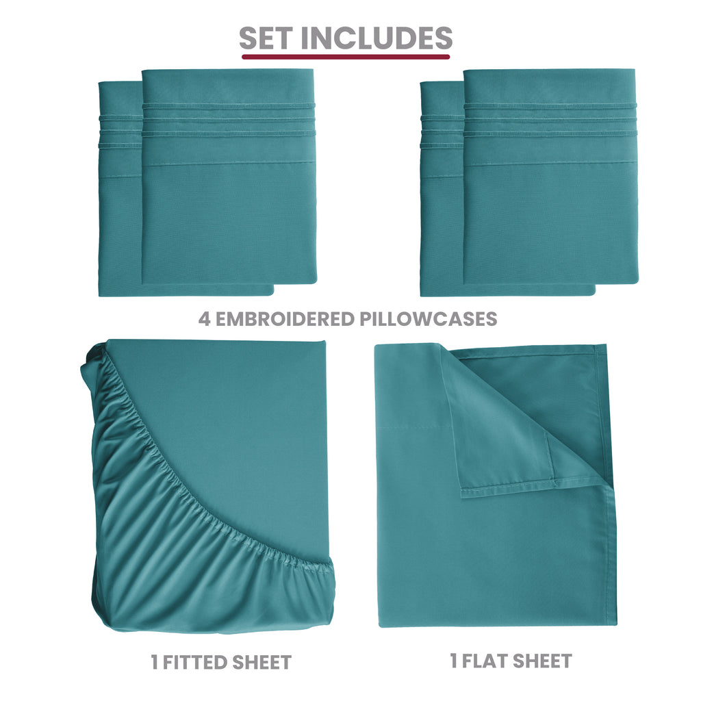 Brushed Microfiber Bed Sheet Set 6 Piece with Embroidered Pillowcases - Hotel Luxury Deep Pocket 16 Inch, Soft Breathable All Season, 24 Colors, Twin Twin XL Full Queen King Cal King