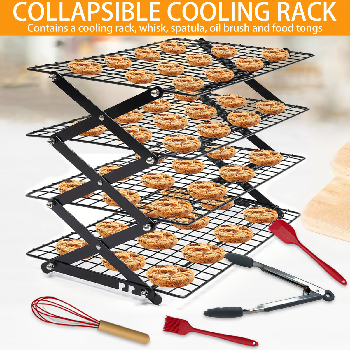 Foldable Cooling Rack Set with Baking Tools – Stackable Oven Cookie Cake Drying Rack, 3/4/5 Piece with Silicone Spatula, Egg Beater & More, Holiday Baking Gift