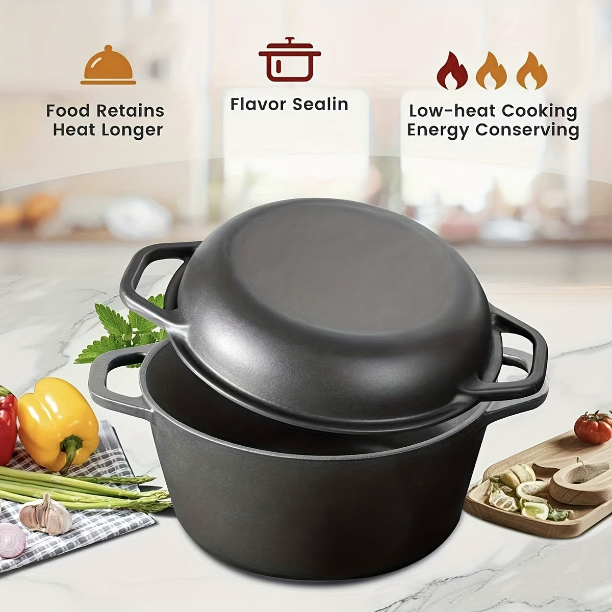 Cast Iron Dutch Oven Set 2-in-1 5.1QT Dutch Oven and 1.9QT Skillet Lid with Accessories Induction Oven Campfire Safe Holiday Cooking Kit for Soups Stews Baking Frying Camping BBQ