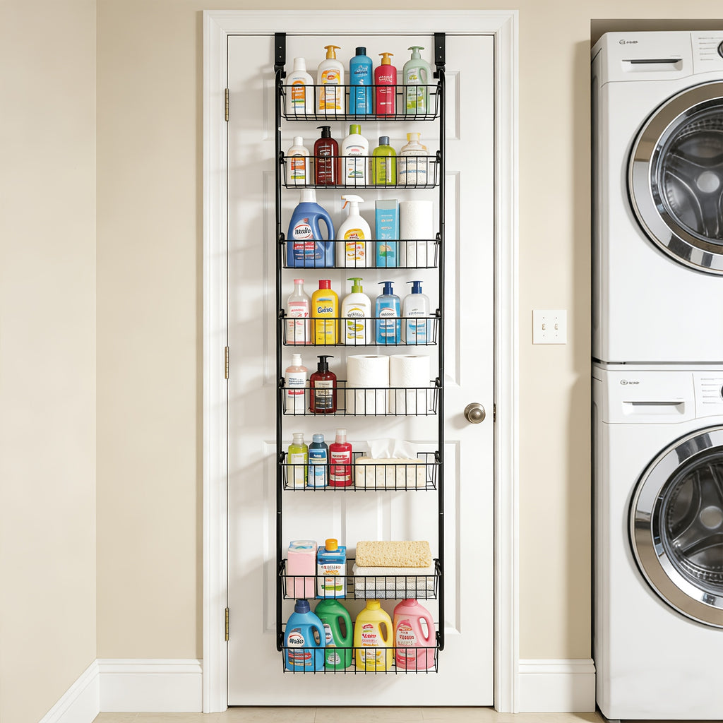 Over The Door Pantry Organizer 6 or 8-Tier, Metal Hanging Storage Shelf with Adjustable Baskets, Spice Rack for Kitchen, Pantry, Laundry & Bathroom, Door Mounted Utility Rack, Black or White