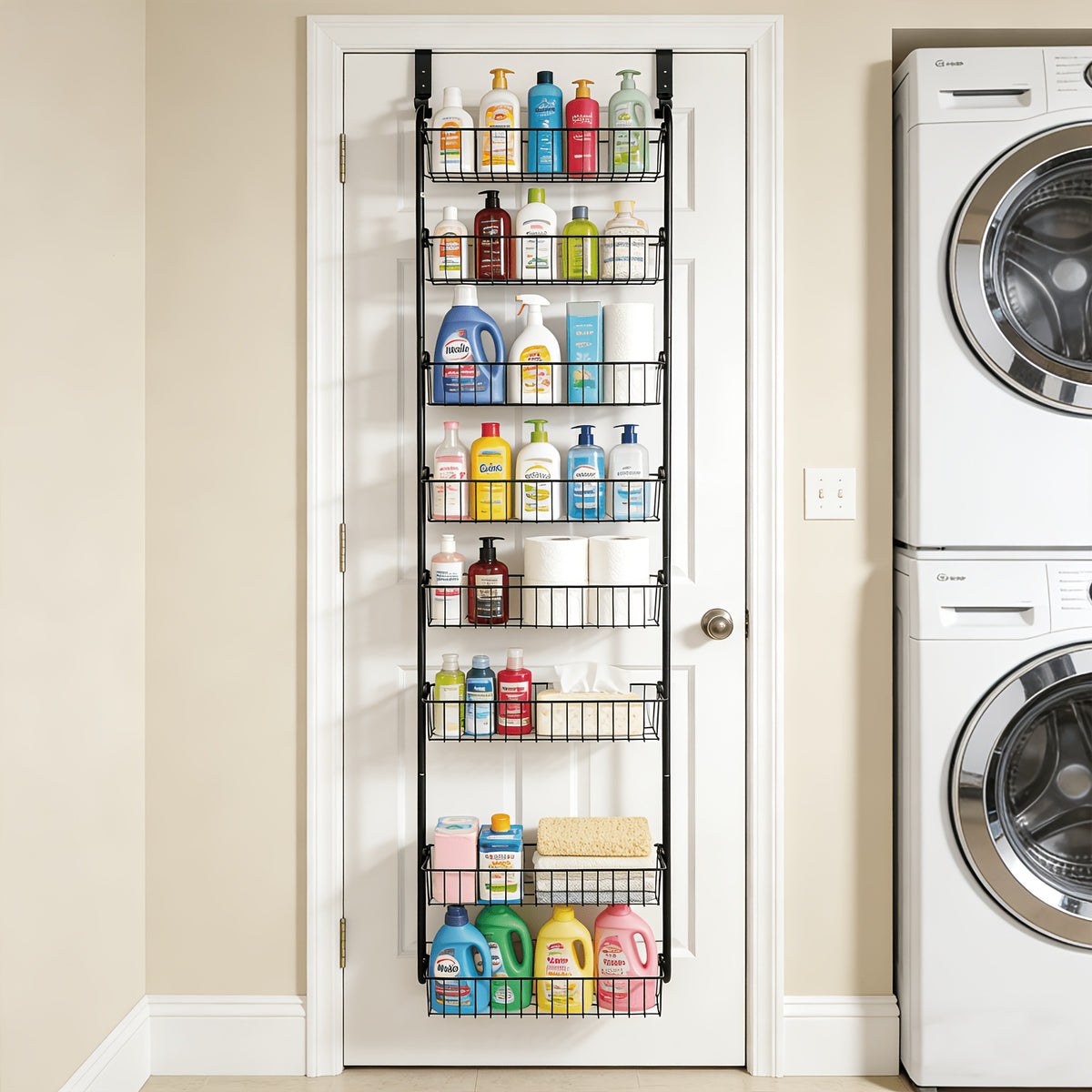 Over The Door Pantry Organizer 6 or 8-Tier, Metal Hanging Storage Shelf with Adjustable Baskets, Spice Rack for Kitchen, Pantry, Laundry & Bathroom, Door Mounted Utility Rack, Black or White