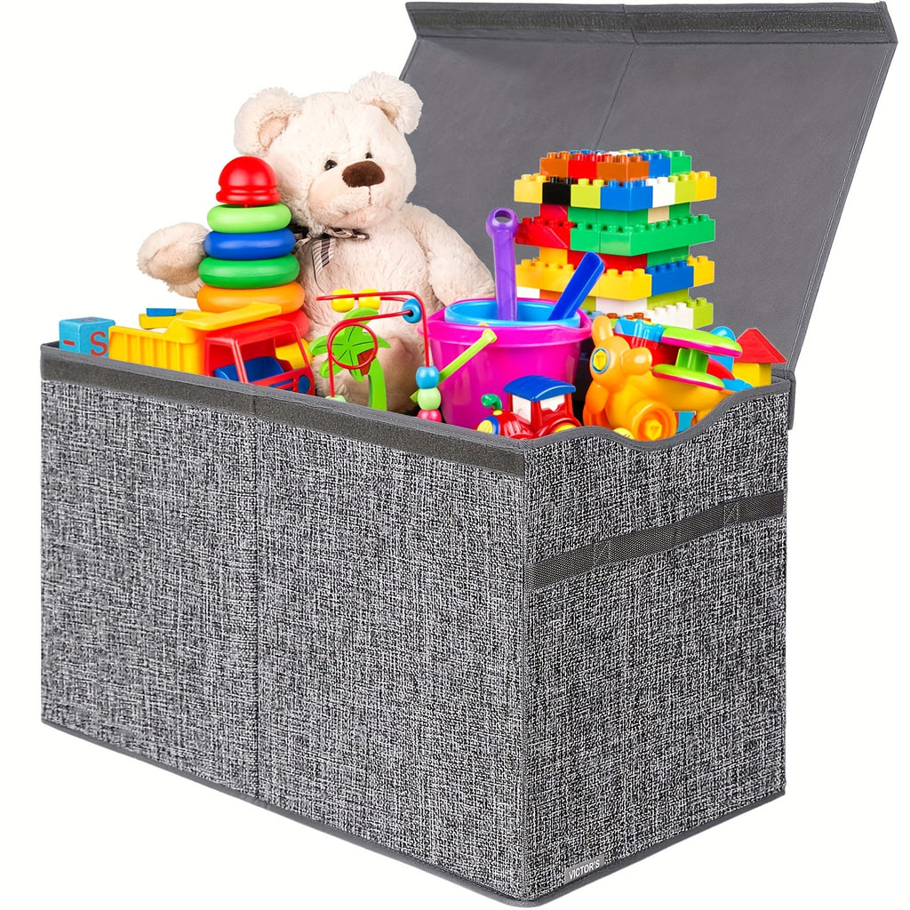 Extra Large Collapsible Storage Box 31.7 Gal with Lid – Foldable Kids Toy Chest Organizer Bin for Boys & Girls, Bedroom, Living Room & Nursery, Sturdy Basket in Black, Beige & Dark Grey