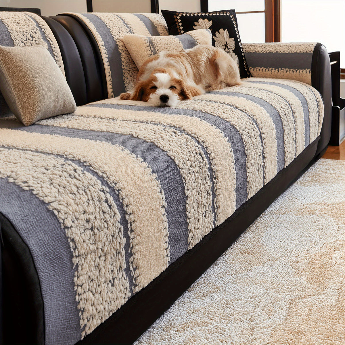 Plush Couch Cover Non-Slip Washable Sofa Cushion Pad for 2/3/4 Seat Sectional L-Shape Couch | Pet & Kid Friendly Furniture Protector Slipcover, Black Gray Brown