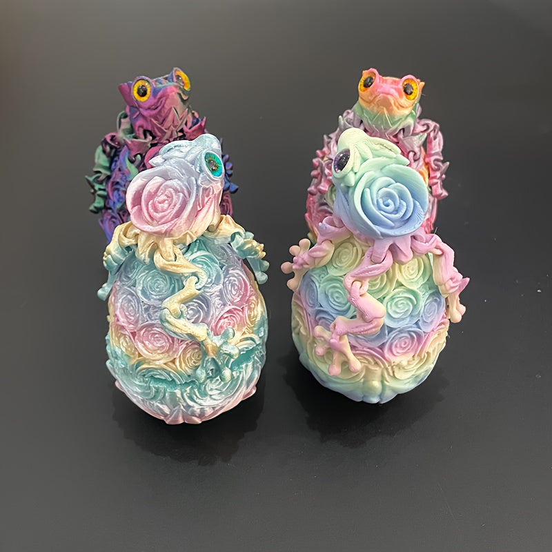 3D Printed Rose Frog & Rose Egg Statue Ornaments Set of 4 – Multicolor Desktop Decoration Figurines for Home Office Party Car Display, Unique Gift for Friends & Family, Random Color