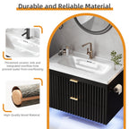 Floating Bathroom Vanity with Sink 24 Inch LED Light Wall Mounted 3-Hole Ceramic Basin Wave Line Design Soft Close Drawers for Small Spaces Black White