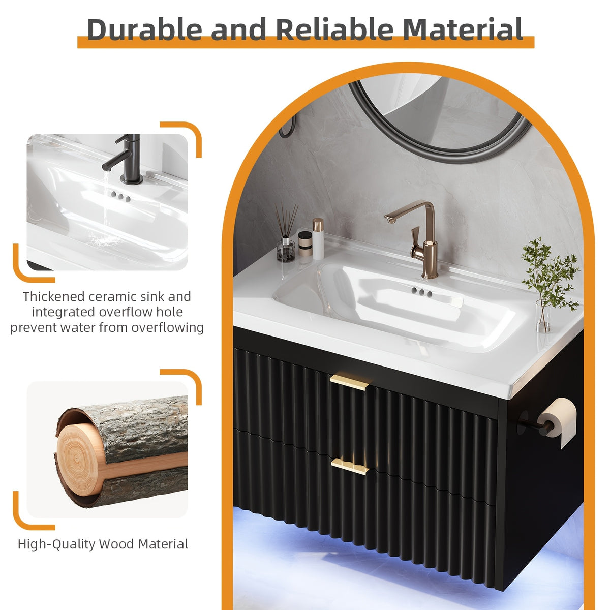 Floating Bathroom Vanity with Sink 24 Inch LED Light Wall Mounted 3-Hole Ceramic Basin Wave Line Design Soft Close Drawers for Small Spaces Black White