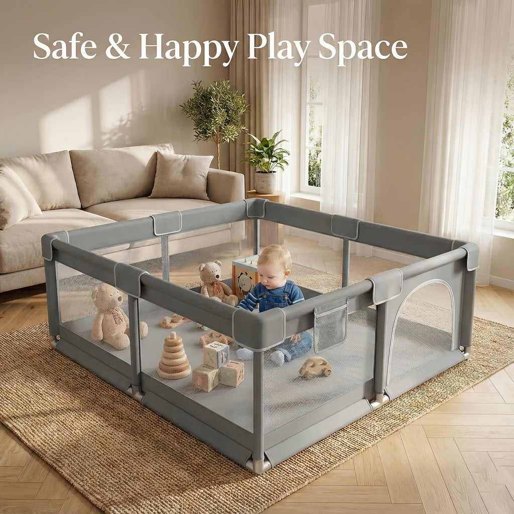 Baby Playpen 50x50 Inch Play Pen for Babies Toddlers Indoor Outdoor Baby Fence Play Yard Breathable Mesh Anti-Fall Safe Activity Center Grey