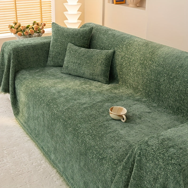 Chenille Sofa Cover with Tassels - Ultra Soft Thick Pet Friendly Couch Slipcover Solid Color 2 3 4 Seater Living Room Decor