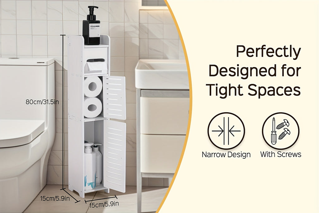 Slim Bathroom Storage Cabinet PVC Organizer with Toilet Paper Holder for Tight Spaces Bathroom Bedroom Living Room Easy Assemble Compact White