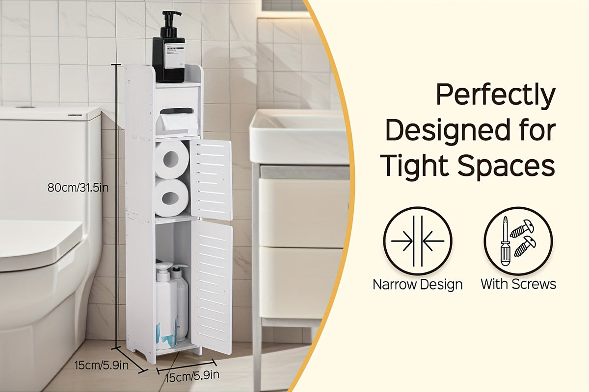 Slim Bathroom Storage Cabinet PVC Organizer with Toilet Paper Holder for Tight Spaces Bathroom Bedroom Living Room Easy Assemble Compact White