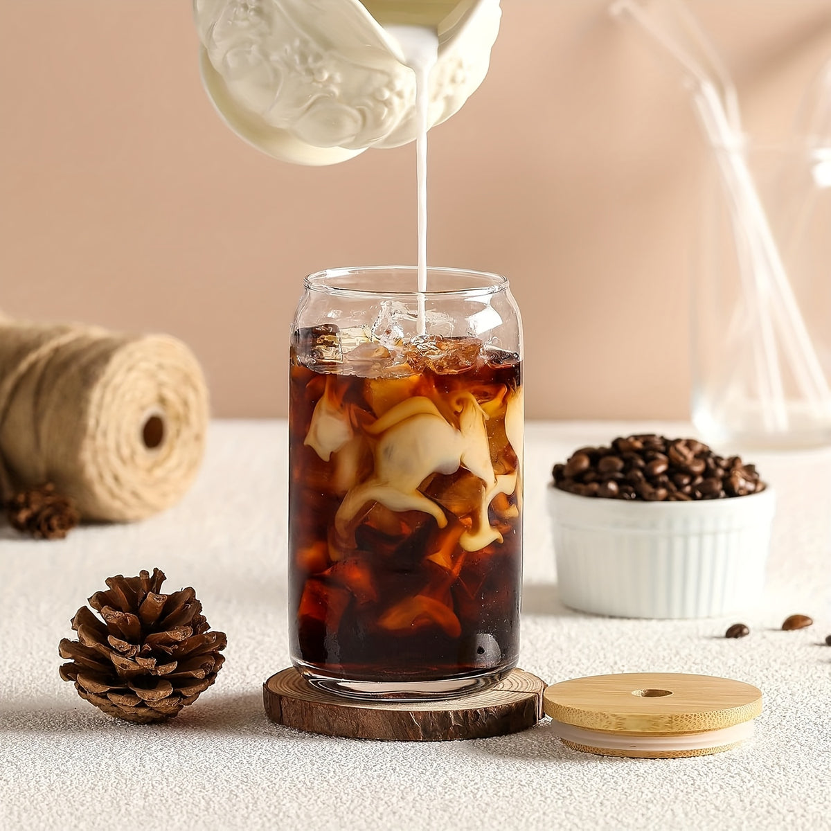 Can Shaped Glass Cups Set 18.6oz 550ml with Lids Straws & Cleaning Brush - Iced Coffee Boba Tea Smoothie Cola Drinking Glasses Gift for Women Men Girls | Nuvia Haven
