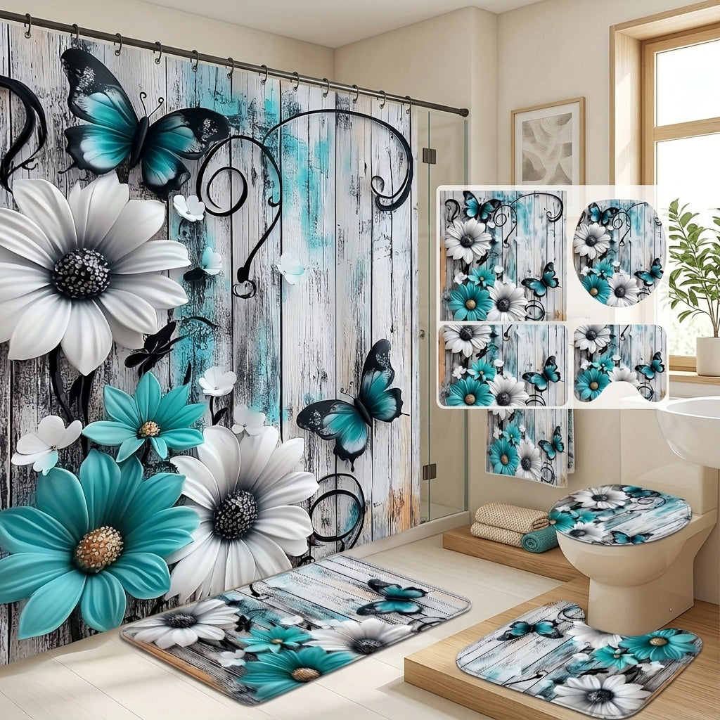4pcs Floral Butterfly Shower Curtain Set Teal White with 12 Hooks Bath Rug - 2D Print Bathroom Decor Gift for Women Men Home Decoration | Nuvia Haven