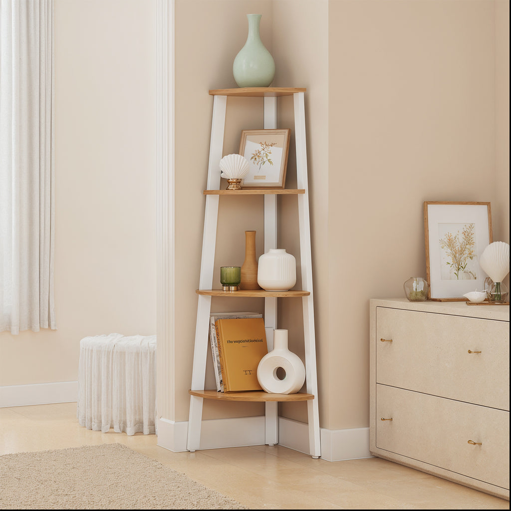 Corner Shelf 4-Tier Ladder Bookshelf & Plant Stand – Industrial Style Space-Saving Corner Shelving Unit for Living Room, Bedroom, Study & Entryway