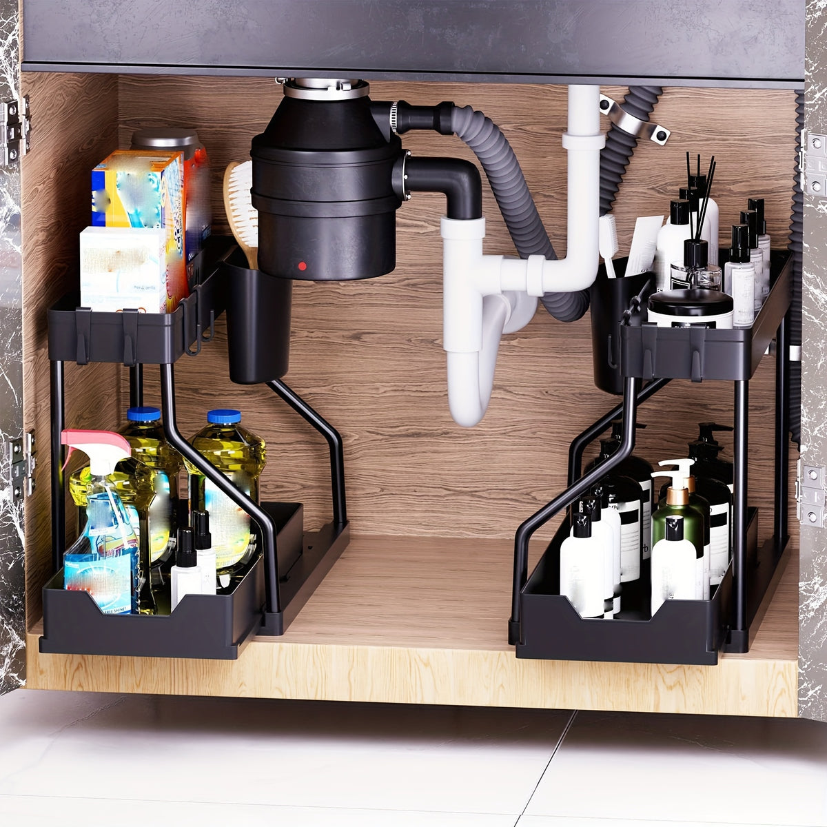 Under Sink Organizer with Sliding Shelves 2 Pack Multi-Purpose Plastic Cabinet Storage Basket for Bathroom Kitchen Black White Durable Construction