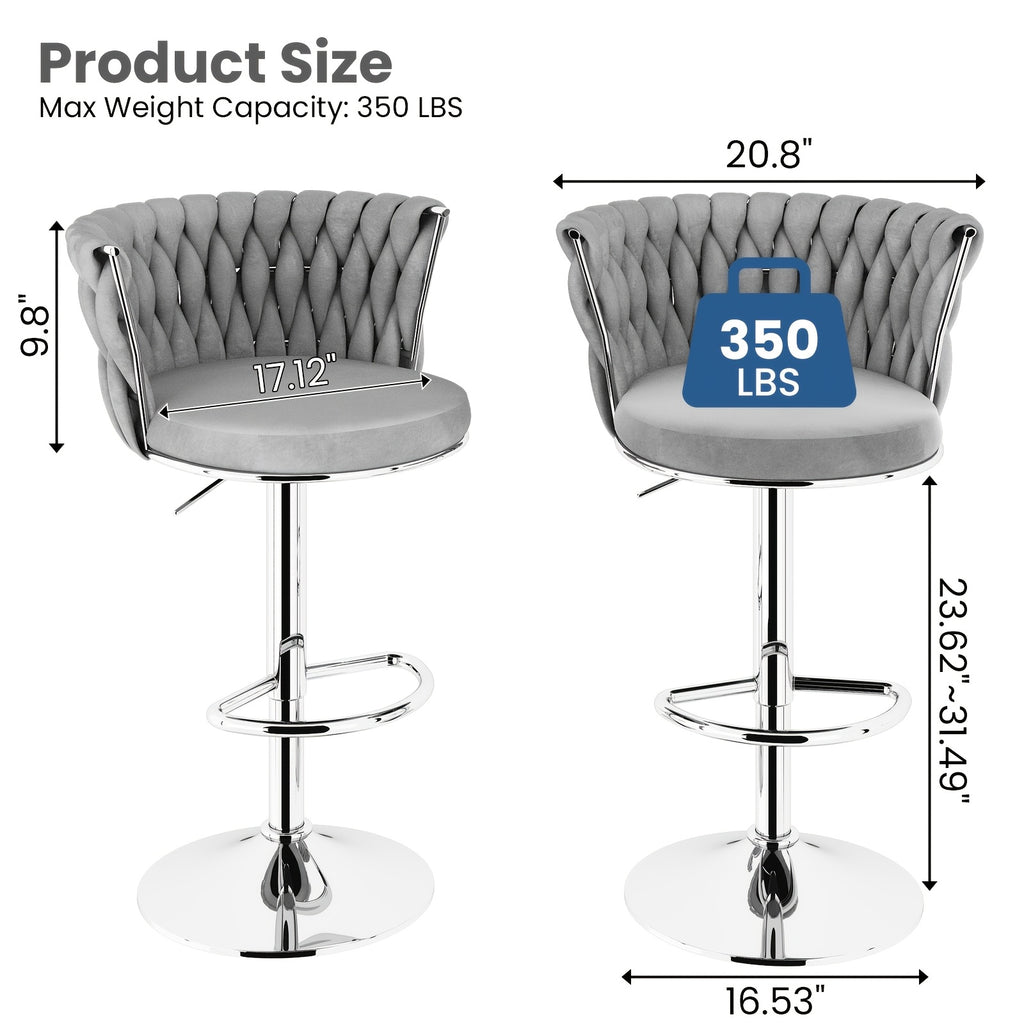 Bar Stools Set of 2 or 4 Adjustable Height Metal Leg Upholstered Counter Chairs for Kitchen Island Bar Living Room Dining Room – Glam Style