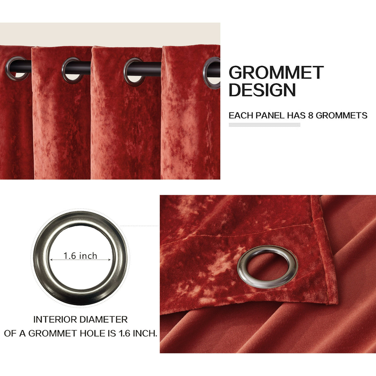 Luxury Distressed Crushed Velvet Curtains - 4-Piece Set (2 Panels + 2 Tiebacks), Grommet Top, Room Darkening | 10 Colors, 3 Sizes