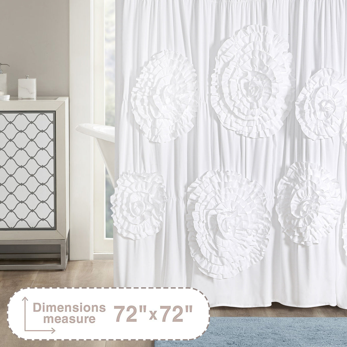 Ruffled Shower Curtain Farmhouse 72x72 - Handmade 3D Flower Vintage Ruched Fabric Bathroom Curtain, Victorian Romantic Luxury Decor, Black Pink Camel, Waterproof Microfiber 12 Holes