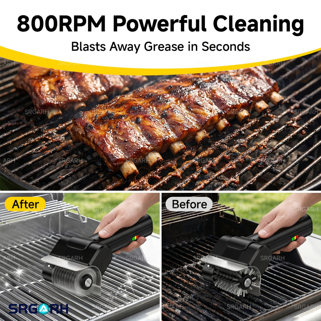 Cordless Electric Grill Brush – 800 RPM Rotating BBQ Cleaning Tool, 2000mAh Rechargeable, 304 Stainless Steel Bristles, Includes Replacement Head & Gloves, Portable Outdoor Grill Scrubber