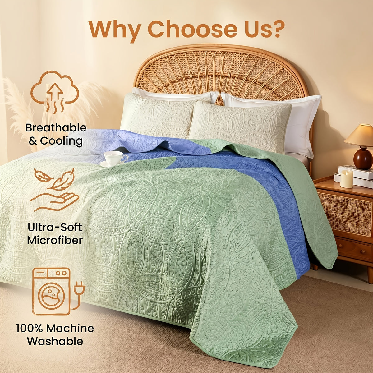 Quilted Bedspread Set Lightweight Cooling Coverlet with Pillow Shams Twin Queen King Soft Breathable Summer Bedding Set Machine Washable