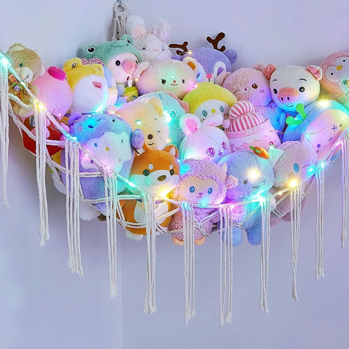 Stuffed Animal Storage Hammock with Star Lights – Corner Mesh Toy Organizer with Hooks for Kids Room, Bedroom & Nursery | White, Black & Pink