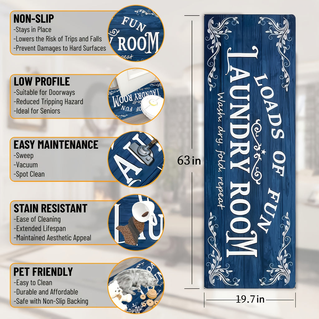 Laundry Room Mat Non-Slip Runner Rug Machine Washable Text Design – Anti-Skid Comfort Standing Mat for Laundry, Kitchen, Bathroom & Porch | Multiple Sizes