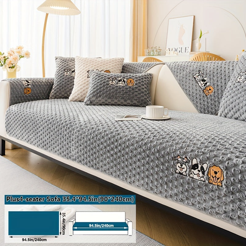 Honeycomb Velvet Sofa Slipcover Pet-Friendly Non-Slip with Cute Dog Embroidery, Bohemian Style Machine Washable Polyester Couch Cover for Sofa Cushion Backrest Armrest – Single Piece Home Decor, Grey