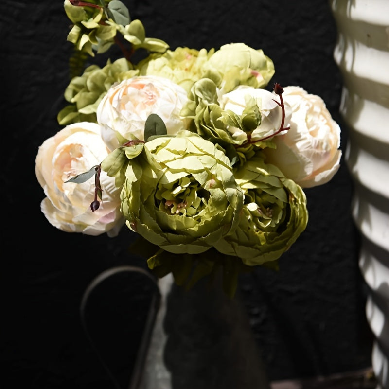 Vintage Peony Hydrangea Artificial Flowers 1-2 Bunches 13 26 Stems Rustic Brown Beige Green Mix | Fake Floral Centerpiece for Wedding Bridal Home Living Room Indoor Decor