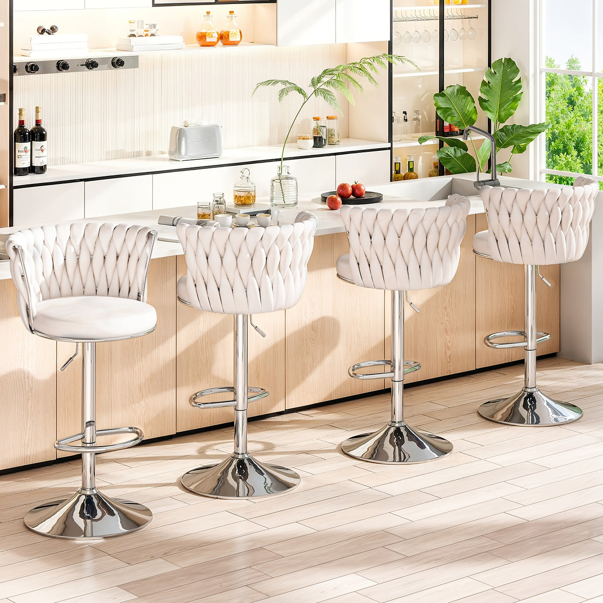 Bar Stools Set of 2 or 4 Adjustable Height Metal Leg Upholstered Counter Chairs for Kitchen Island Bar Living Room Dining Room – Glam Style