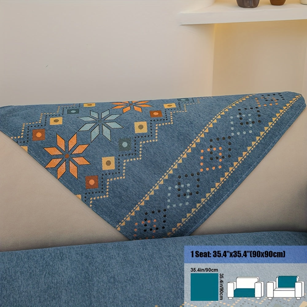 Embroidered Chenille Sofa Slipcover Bohemian Geometric Floral Pattern | Non-Slip Machine Washable Couch Cover for 1-2-3-4 Seater with Armrest & Pillow Cover Options, 6 Colors