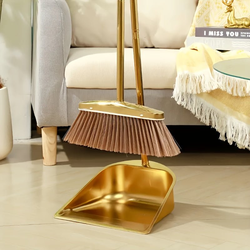 Golden Stainless Steel Broom and Dustpan Set – Standing Upright Floor Sweeper for Home, Office, Patio, Garden & Restaurant