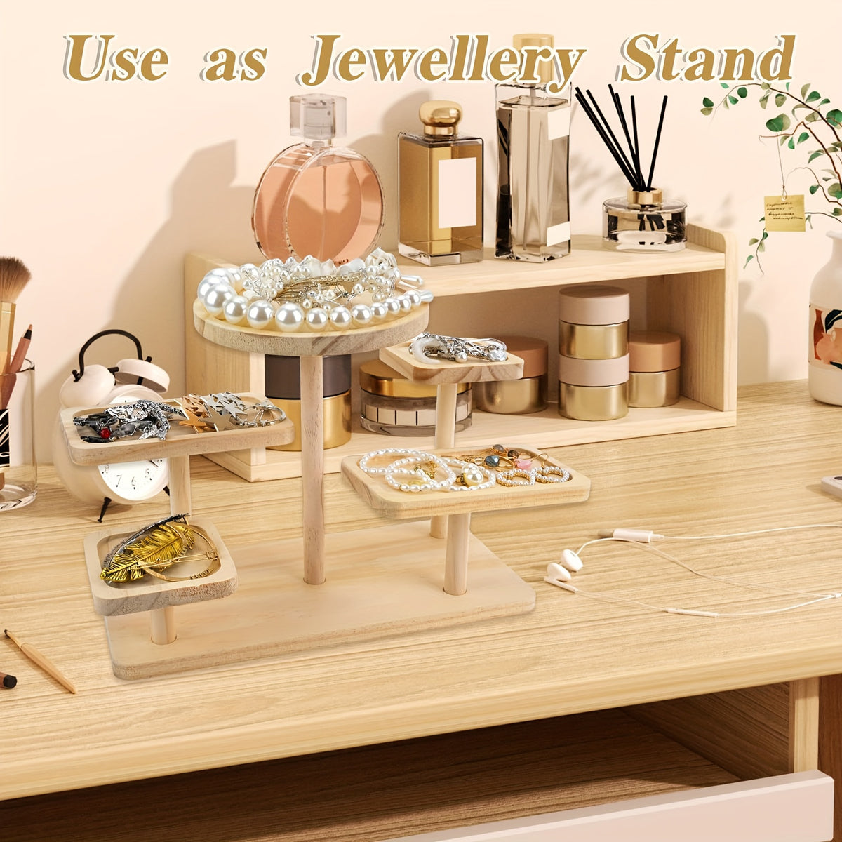 Multi-Tier Wooden Desk Organizer 5 or 6 Tray – Space-Saving Standing Shelf Rack for Cosmetics, Jewelry, Decor & Office Supplies