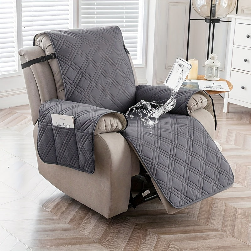 Quilted Recliner Chair Cover with Pocket Non-Slip Hook Loop Closure - 100% Polyester Washable Reclining Chair Slipcover Furniture Protector for Pets Dogs Cats, Easy Install, 9 Colors