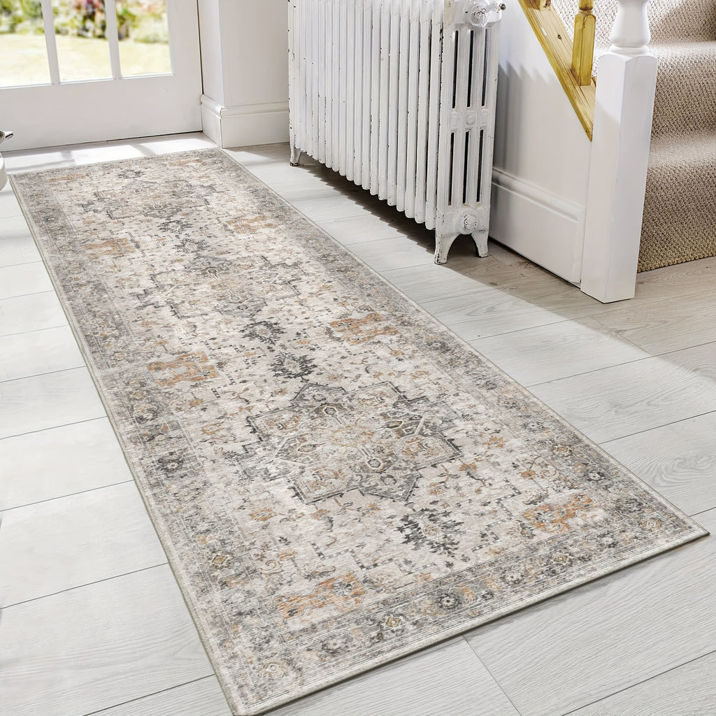Vintage Floral Area Rug Machine Washable Non-Slip Runner Rug – Low Pile Soft Boho Hallway Carpet for Entryway, Kitchen, Corridor & Living Room – Light Taupe Brown, Multiple Sizes