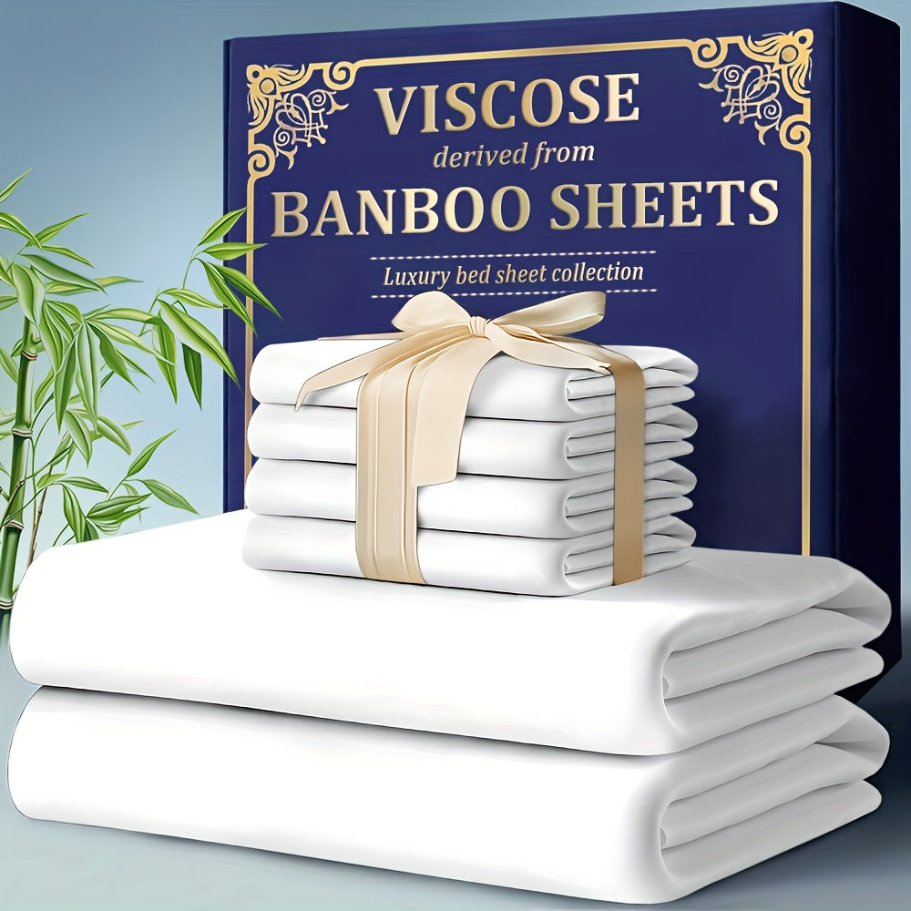 Bamboo Cooling Bed Sheet Set 4 Pcs - 2300TC Ultra Soft Breathable Deep Pocket Fitted Sheet Flat Sheet Pillowcases, Shrink Resistant All Season Bedding for Twin Full Queen King