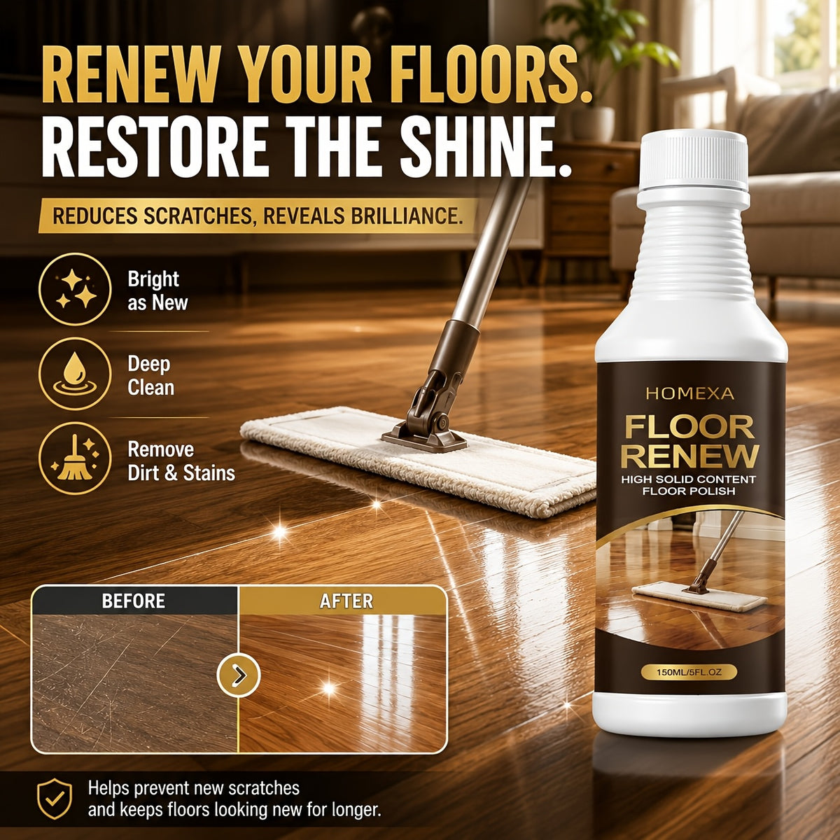 Floor Polishing Cleaner 5oz, Quick Brightening Deep Clean & Stain Removal for Wood, Tile & Marble Floors, Best Alternative to Floor Waxing for a Lasting Shine Without the Effort