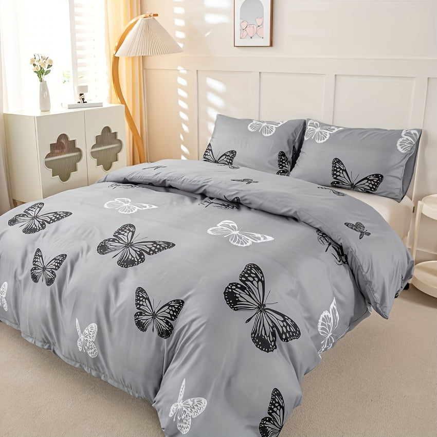 Gray Butterfly Print Duvet Cover Set 3pcs Black White Butterfly Quilt Cover with Pillowcases Twin Full Queen King