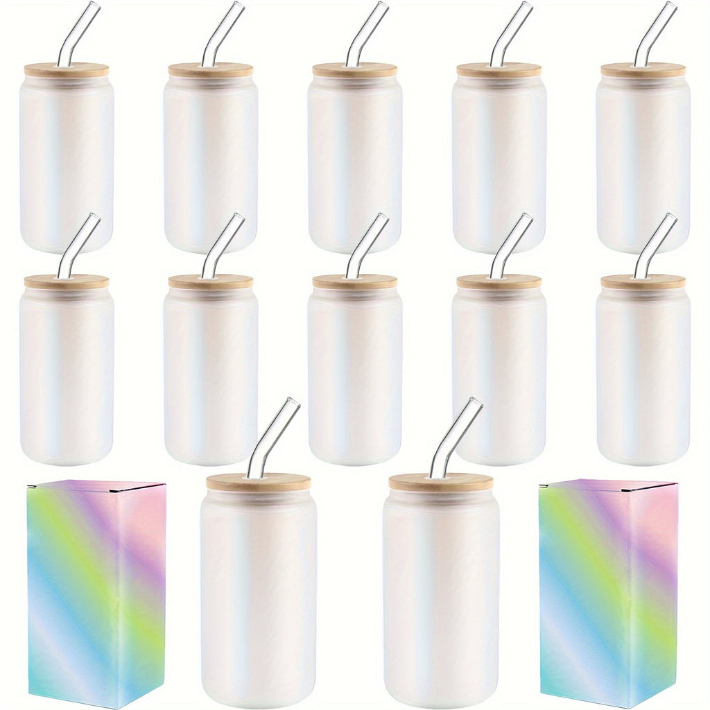Sublimation Glass Tumbler Bulk Set 12 Pack with Bamboo Lid Straw & Brush – 16oz Clear or Frosted Cups for DIY Crafts, Parties & Everyday Drinking