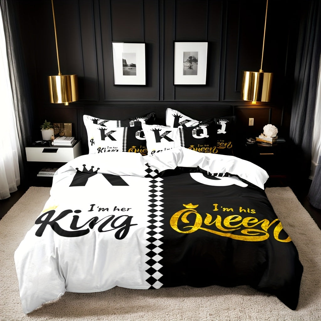 Valentine's Day Duvet Cover Set 3pcs – Crown Queen & King Print Soft Breathable Polyester Bedding, Machine Washable, Includes Duvet Cover & 2 Pillow Covers, Romantic Gift for Couples