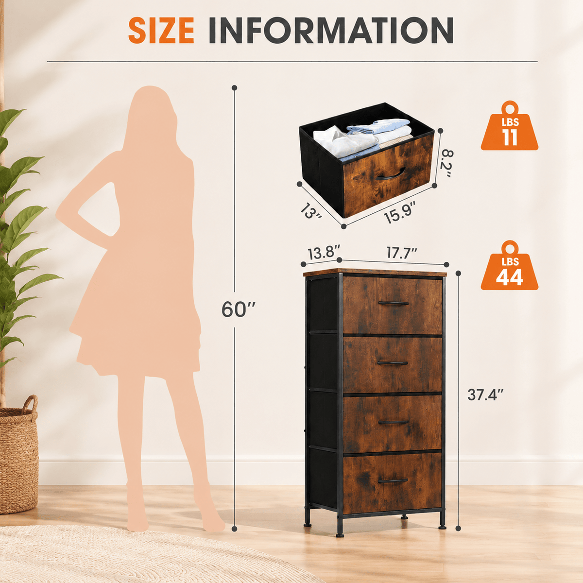 Fabric Dresser with 4 Drawers – Reinforced Edition, Wooden Top & Sturdy Metal Frame, Bedroom Storage Cabinet for Closet, Entryway & Dorm | 6 Colors