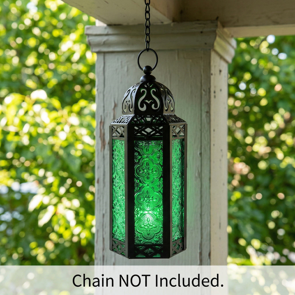 Moroccan Candle Lantern Holder Medium 10.5 Inch – Handcrafted Glass Iron Metal Lantern with Embossed Floral Panels, 17 Colors, Indoor Outdoor Use for Ramadan, Wedding, Patio, Diwali & Home Decor