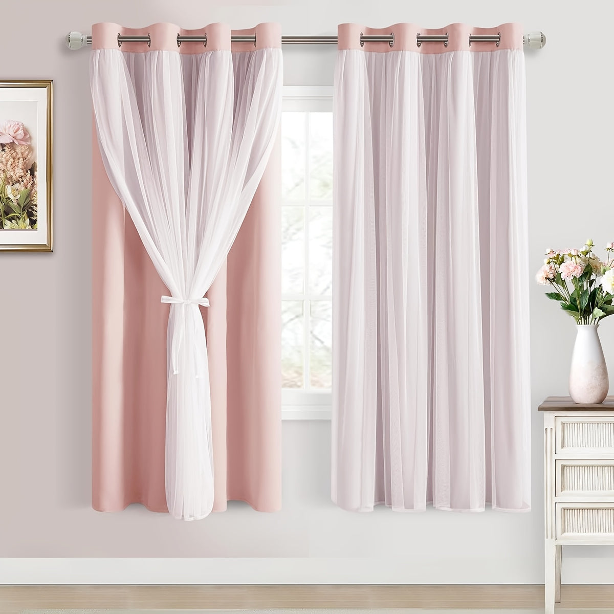 Double Layer Blackout Curtains with Sheer Overlay 2 Panels - Grommet Top Thermal Insulated Mix & Match Window Drapes with Tiebacks for Bedroom Living Room, All Season