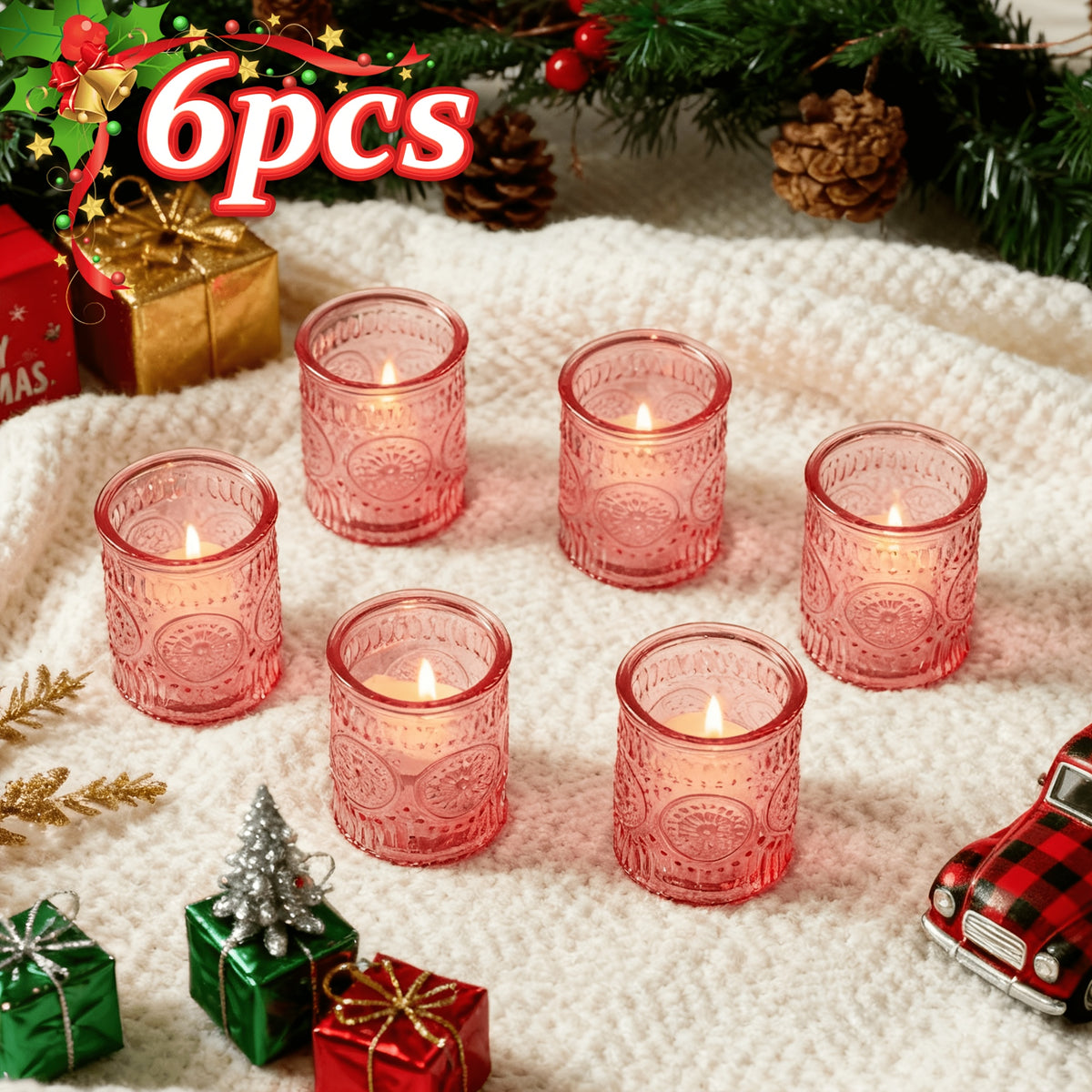 Glass Votive Candle Holders Bulk Set 6/12/24pcs – Shimmering Multi-Hued Hurricane Glass for Wedding, Christmas, Thanksgiving, Valentine’s Day & Holiday Party Tabletop Decor
