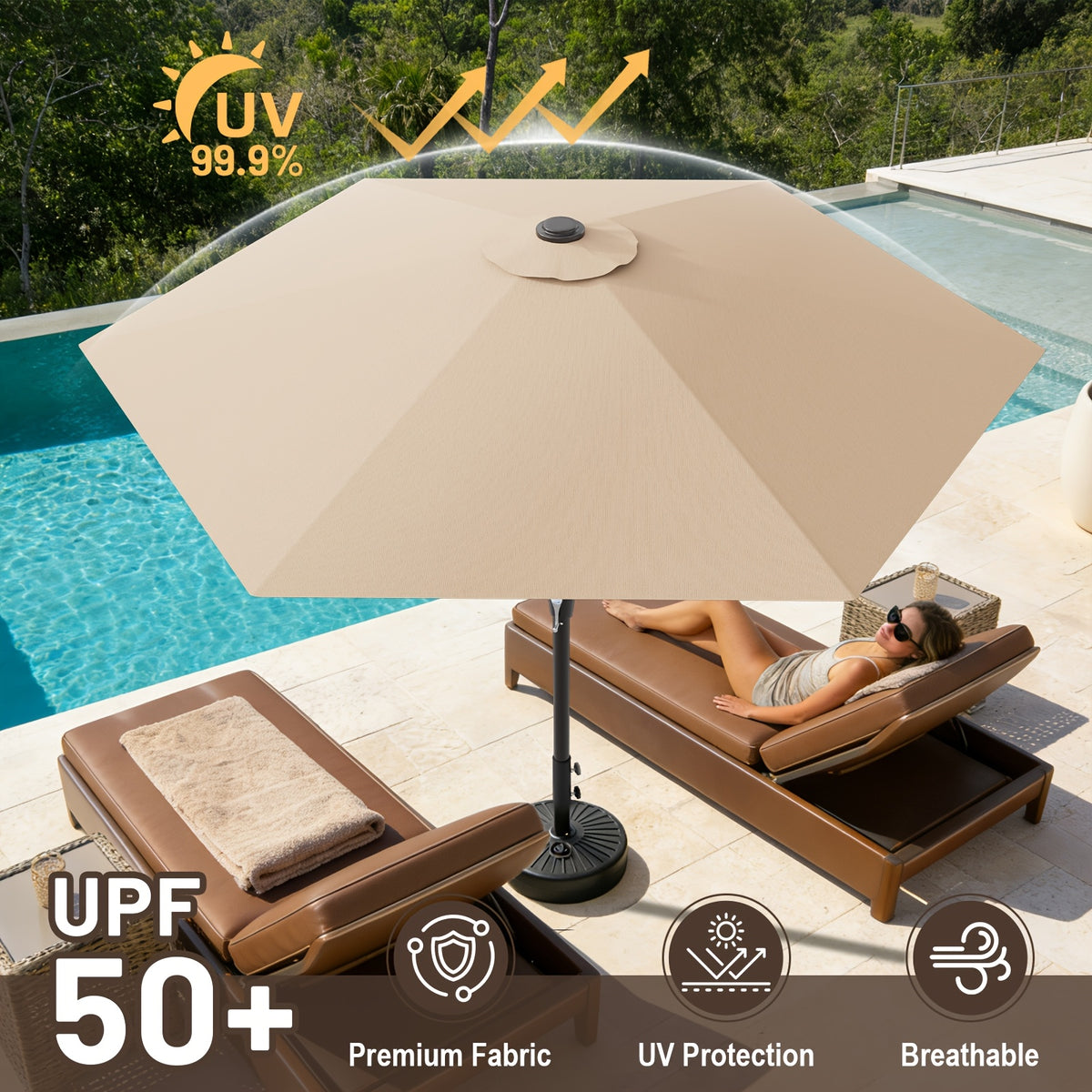 9 FT Patio Market Umbrella with Easy Crank, UV Protection & 6 Sturdy Ribs – Outdoor Table Umbrella for Deck, Backyard & Pool, 10 Colors (Beige, Gray, Green, Navy, Blue, Red, Pink, Yellow)