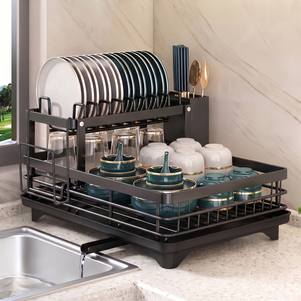 2-Tier Dish Drying Rack with Drainboard - Large Capacity Kitchen Counter Dish Drainer with Utensil Holder - Space-Saving Dish Rack for Kitchen Sink and Counter