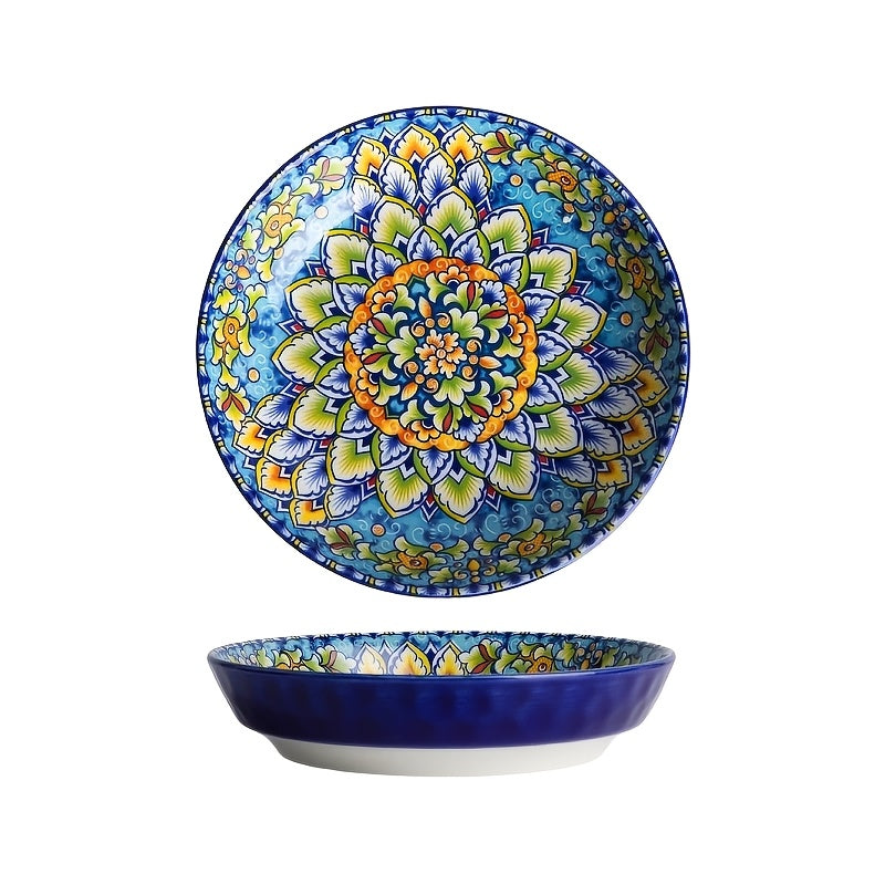Bohemian Ceramic Dinner Plates Set of 4 – Handcrafted Boho Floral & Mandala Design, Vibrant Colors, Dishwasher Oven Microwave Safe, Perfect for Holidays & Family Gatherings
