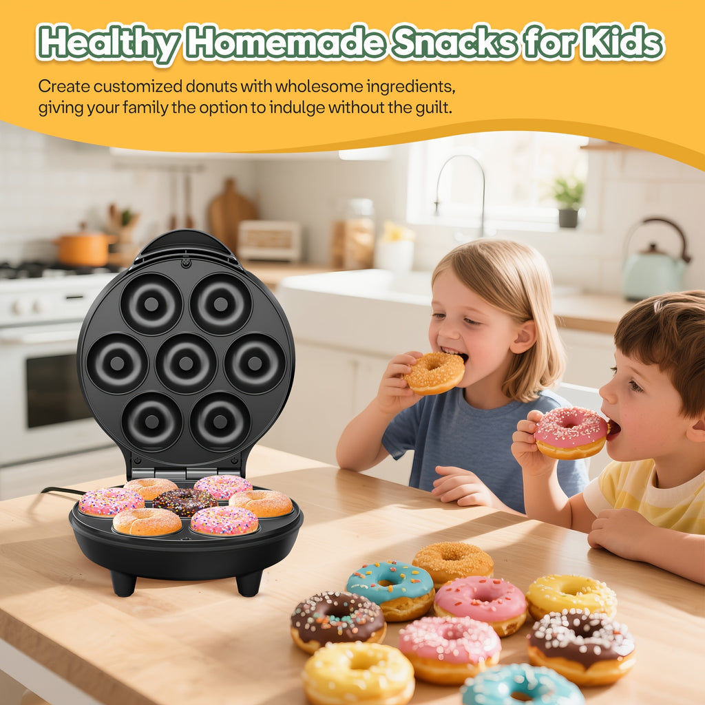 Mini Donut Maker Machine 7-Slot | Waffle Cake Maker for Breakfast Snacks & Desserts | Compact Home Baking Appliance for Kids and Families