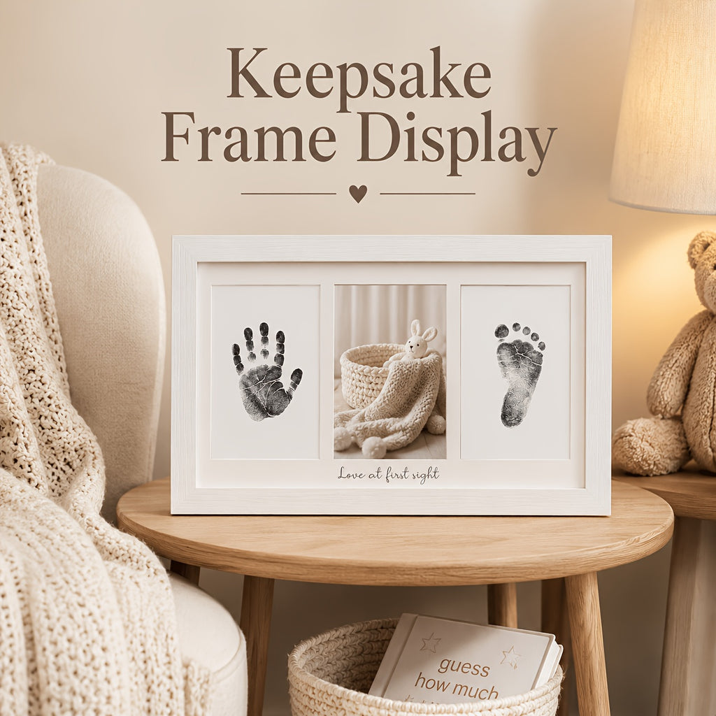 Triptych Photo Frame 8x16 Inch – Horizontal 3-Panel Picture Frame with Text & Footprint/Handprint Panel, Desktop or Wall Display, Black & White Wood Grain, Heartfelt Gift for Moms