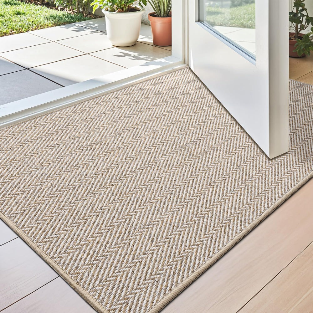 Non-Slip Doormat Low Profile Indoor Outdoor Entry Mat Dirt Trapper – Front Door, Entryway, Patio, Porch & Garage Rug, 4 Sizes, Beige & Grey