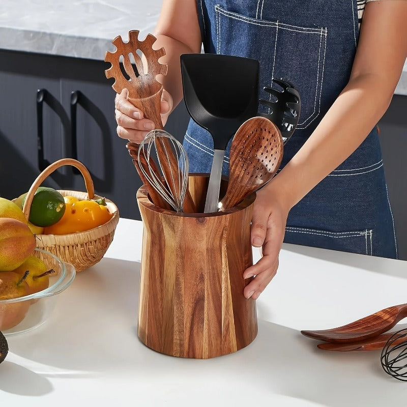 Wood Utensil Holder & Chopstick Organizer – Space-Saving Countertop & Cabinet Cutlery Storage with Chopstick Cage, No Screws or Adhesive, Kitchen Drawer Insert for Spoons, Knives & Asian Chopsticks