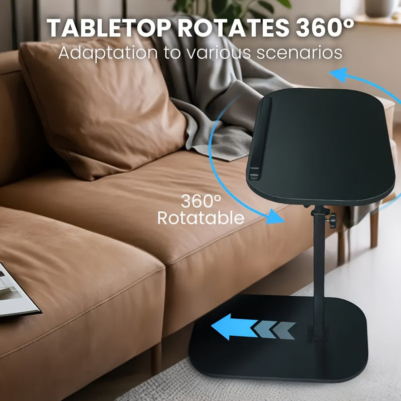 C-Shaped Sofa Side Table with 360° Rotating Top & Adjustable Height – Slide-Under End Table for Living Room Bedroom Small Spaces, Couch Snack Laptop Tray, Black